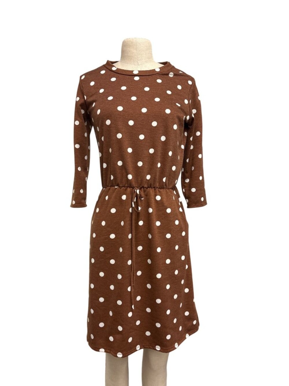 Riah Fashion Brown Polka Dot Dress With Drawstring Waist Small Cozy Stretch Fabr